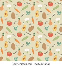 Vegetables seamless pattern. Vegetarian healthy bio food background, Vegan organic eco products pepper, tomato, cucumber, carrot, potato, avocado, beans and peas. Vector illustration.