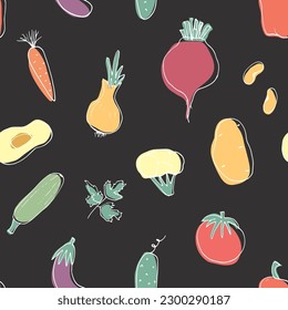 Vegetables seamless pattern. Vegetarian healthy bio food background, Vegan organic eco products pepper, tomato, cucumber, carrot, potato, avocado, beans and peas. Vector illustration.