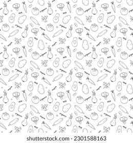 Vegetables seamless pattern. Vegetarian healthy bio food background, Vegan organic eco products pepper, tomato, cucumber, carrot, potato, avocado, beans and peas. Vector illustration.