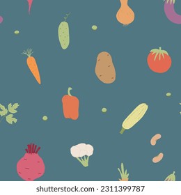 Vegetables seamless pattern. Vegetarian healthy bio food background, Vegan organic eco products pepper, tomato, cucumber, carrot, potato, avocado, beans and peas. Vector illustration.