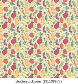 Vegetables seamless pattern. Vegetarian healthy bio food background, Vegan organic eco products pepper, tomato, cucumber, carrot, potato, avocado, beans and peas. Vector illustration.