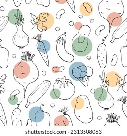 Patrón ininterrumpido de verduras. Vegetariano sano de fondo bioalimentario, productos ecológicos vegan pimienta, tomate, pepino, zanahoria, papa, aguacate, frijol y guisantes. Ilustración vectorial.