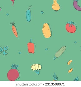 Vegetables seamless pattern. Vegetarian healthy bio food background, Vegan organic eco products pepper, tomato, cucumber, carrot, potato, avocado, beans and peas. Vector illustration.