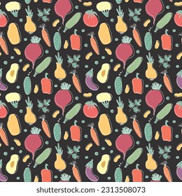 Vegetables seamless pattern. Vegetarian healthy bio food background, Vegan organic eco products pepper, tomato, cucumber, carrot, potato, avocado, beans and peas. Vector illustration.