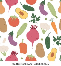 Vegetables seamless pattern. Vegetarian healthy bio food background, Vegan organic eco products pepper, tomato, cucumber, carrot, potato, avocado, beans and peas. Vector illustration.