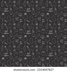 Vegetables seamless pattern. Vegetarian healthy bio food background, Vegan organic eco products pepper, tomato, cucumber, carrot, potato, avocado, beans and peas. Vector illustration.