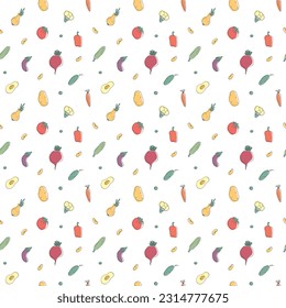 Gemüse nahtloses Muster. Vegetarische gesunde Bio-Lebensmittel-Hintergrund, Veganische ökologische Produkte Pfeffer, Tomate, Gurken, Karotten, Kartoffeln, Avocado, Bohnen und Erbsen. Vektorgrafik.