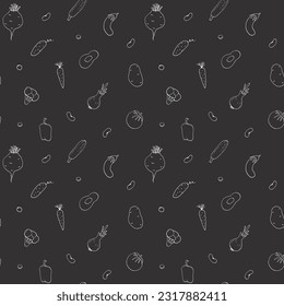 Vegetables seamless pattern. Vegetarian healthy bio food background, Vegan organic eco products pepper, tomato, cucumber, carrot, potato, avocado, beans and peas. Vector illustration.