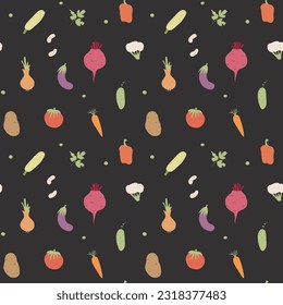 Vegetables seamless pattern. Vegetarian healthy bio food background, Vegan organic eco products pepper, tomato, cucumber, carrot, potato, avocado, beans and peas. Vector illustration.