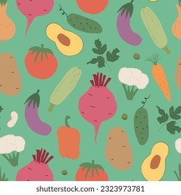 Vegetables seamless pattern. Vegetarian healthy bio food background, Vegan organic eco products pepper, tomato, cucumber, carrot, potato, avocado, beans and peas. Vector illustration.