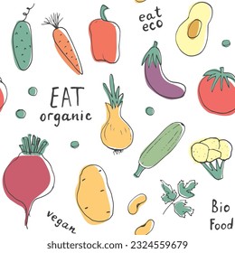 Patrón ininterrumpido de verduras. Vegetariano sano de fondo bioalimentario, productos ecológicos vegan pimienta, tomate, pepino, zanahoria, papa, aguacate, frijol y guisantes. Ilustración vectorial.