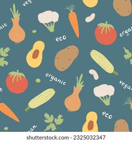 Vegetables seamless pattern. Vegetarian healthy bio food background, Vegan organic eco products pepper, tomato, cucumber, carrot, potato, avocado, beans and peas. Vector illustration.