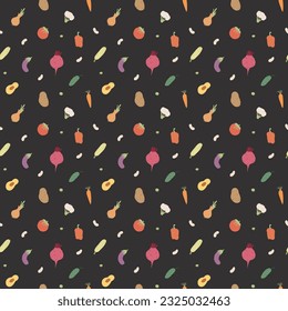 Vegetables seamless pattern. Vegetarian healthy bio food background, Vegan organic eco products pepper, tomato, cucumber, carrot, potato, avocado, beans and peas. Vector illustration.