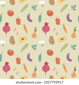 Vegetables seamless pattern. Vegetarian healthy bio food background, Vegan organic eco products pepper, tomato, cucumber, carrot, potato, avocado, beans and peas. Vector illustration.