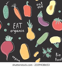 Patrón ininterrumpido de verduras. Vegetariano sano de fondo bioalimentario, productos ecológicos vegan pimienta, tomate, pepino, zanahoria, papa, aguacate, frijol y guisantes. Ilustración vectorial.