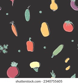 Vegetables seamless pattern. Vegetarian healthy bio food background, Vegan organic eco products pepper, tomato, cucumber, carrot, potato, avocado, beans and peas. Vector illustration.