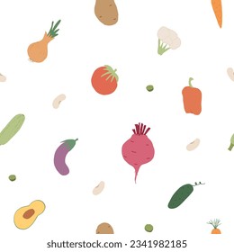 Vegetables seamless pattern. Vegetarian healthy bio food background, Vegan organic eco products pepper, tomato, cucumber, carrot, potato, avocado, beans and peas. Vector illustration.