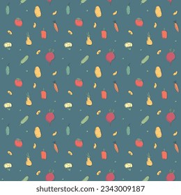 Vegetables seamless pattern. Vegetarian healthy bio food background, Vegan organic eco products pepper, tomato, cucumber, carrot, potato, avocado, beans and peas. Vector illustration.