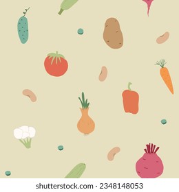 Patrón ininterrumpido de verduras. Vegetariano sano de fondo bioalimentario, productos ecológicos vegan pimienta, tomate, pepino, zanahoria, papa, aguacate, frijol y guisantes. Ilustración vectorial.