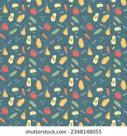 Vegetables seamless pattern. Vegetarian healthy bio food background, Vegan organic eco products pepper, tomato, cucumber, carrot, potato, avocado, beans and peas. Vector illustration.