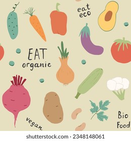 Vegetables seamless pattern. Vegetarian healthy bio food background, Vegan organic eco products pepper, tomato, cucumber, carrot, potato, avocado, beans and peas. Vector illustration.