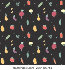 Gemüse nahtloses Muster. Vegetarische gesunde Bio-Lebensmittel-Hintergrund, Veganische ökologische Produkte Pfeffer, Tomate, Gurken, Karotten, Kartoffeln, Avocado, Bohnen und Erbsen. Vektorgrafik.