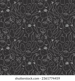 Vegetables seamless pattern. Vegetarian healthy bio food background, Vegan organic eco products pepper, tomato, cucumber, carrot, potato, avocado, beans and peas. Vector illustration.
