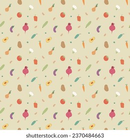 Vegetables seamless pattern. Vegetarian healthy bio food background, Vegan organic eco products pepper, tomato, cucumber, carrot, potato, avocado, beans and peas. Vector illustration.