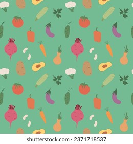 Vegetables seamless pattern. Vegetarian healthy bio food background, Vegan organic eco products pepper, tomato, cucumber, carrot, potato, avocado, beans and peas. Vector illustration.