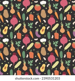 Vegetables seamless pattern. Vegetarian healthy bio food background, Vegan organic eco products pepper, tomato, cucumber, carrot, potato, avocado, beans and peas. Vector illustration.