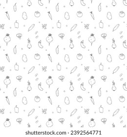 Vegetables seamless pattern. Vegetarian healthy bio food background, Vegan organic eco products pepper, tomato, cucumber, carrot, potato, avocado, beans and peas. Vector illustration.