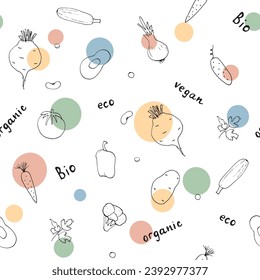 Vegetables seamless pattern. Vegetarian healthy bio food background, Vegan organic eco products pepper, tomato, cucumber, carrot, potato, avocado, beans and peas. Vector illustration.