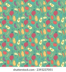 Vegetables seamless pattern. Vegetarian healthy bio food background, Vegan organic eco products pepper, tomato, cucumber, carrot, potato, avocado, beans and peas. Vector illustration.