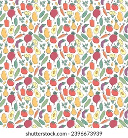 Vegetables seamless pattern. Vegetarian healthy bio food background, Vegan organic eco products pepper, tomato, cucumber, carrot, potato, avocado, beans and peas. Vector illustration.