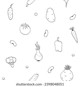 Vegetables seamless pattern. Vegetarian healthy bio food background, Vegan organic eco products pepper, tomato, cucumber, carrot, potato, avocado, beans and peas. Vector illustration.