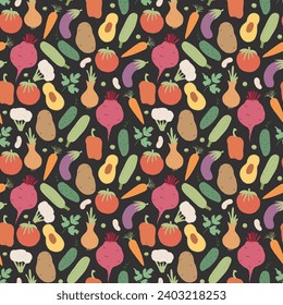 Vegetables seamless pattern. Vegetarian healthy bio food background, Vegan organic eco products pepper, tomato, cucumber, carrot, potato, avocado, beans and peas. Vector illustration.