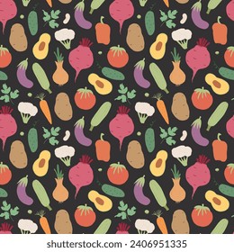 Vegetables seamless pattern. Vegetarian healthy bio food background, Vegan organic eco products pepper, tomato, cucumber, carrot, potato, avocado, beans and peas. Vector illustration.