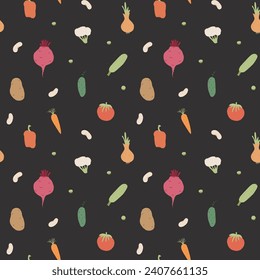 Vegetables seamless pattern. Vegetarian healthy bio food background, Vegan organic eco products pepper, tomato, cucumber, carrot, potato, avocado, beans and peas. Vector illustration.
