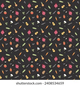 Vegetables seamless pattern. Vegetarian healthy bio food background, Vegan organic eco products pepper, tomato, cucumber, carrot, potato, avocado, beans and peas. Vector illustration.