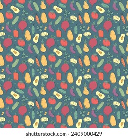Patrón ininterrumpido de verduras. Vegetariano sano de fondo bioalimentario, productos ecológicos vegan pimienta, tomate, pepino, zanahoria, papa, aguacate, frijol y guisantes. Ilustración vectorial.
