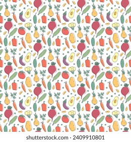 Vegetables seamless pattern. Vegetarian healthy bio food background, Vegan organic eco products pepper, tomato, cucumber, carrot, potato, avocado, beans and peas. Vector illustration.