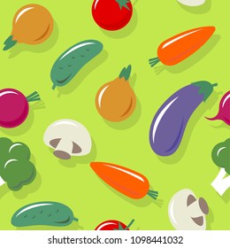 Vegetables seamless pattern. Vegetarian picture. Healthy organic pattern. Carrots, beets, cucumber, mushrooms, tomatoes, broccoli eggplant and onions.