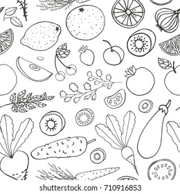 Vegetables seamless pattern.Hand drawn vector. Fresh doodles fruits background.Tomato,carrot,cucumber,eggplant, radish,beet,orange,lemon,cherry. Eco,bio natural Illustration