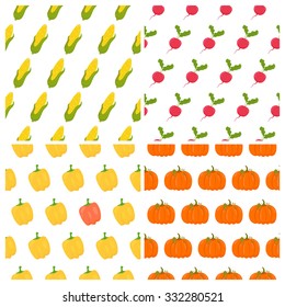 Vegetables seamless patterns set. Healthy food backgrounds. Vector illustration