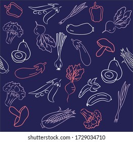 Vegetables seamless pattern.Vector vegetarian food image set.