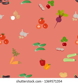 Vegetables. seamless vector pattern featuring radishes, cucumbers, zucchini, eggplant, garlic, onion, beet, lettuce, tomato, carrot on red background