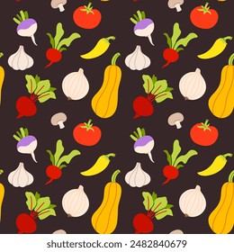 Vegetables seamless vector pattern on dark background