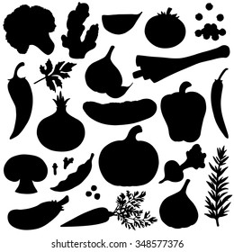 Vegetables, seasonings, spice black silhouettes isolated on white background set