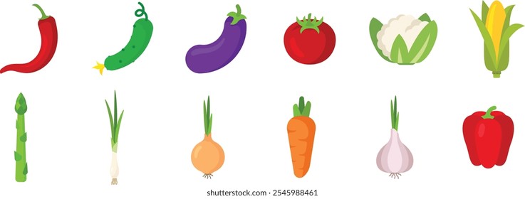 Vegetables set with 12 items; isolated flat illustrations in transparent background