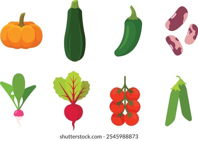 Vegetables set with 8 items; isolated flat illustrations in transparent background
